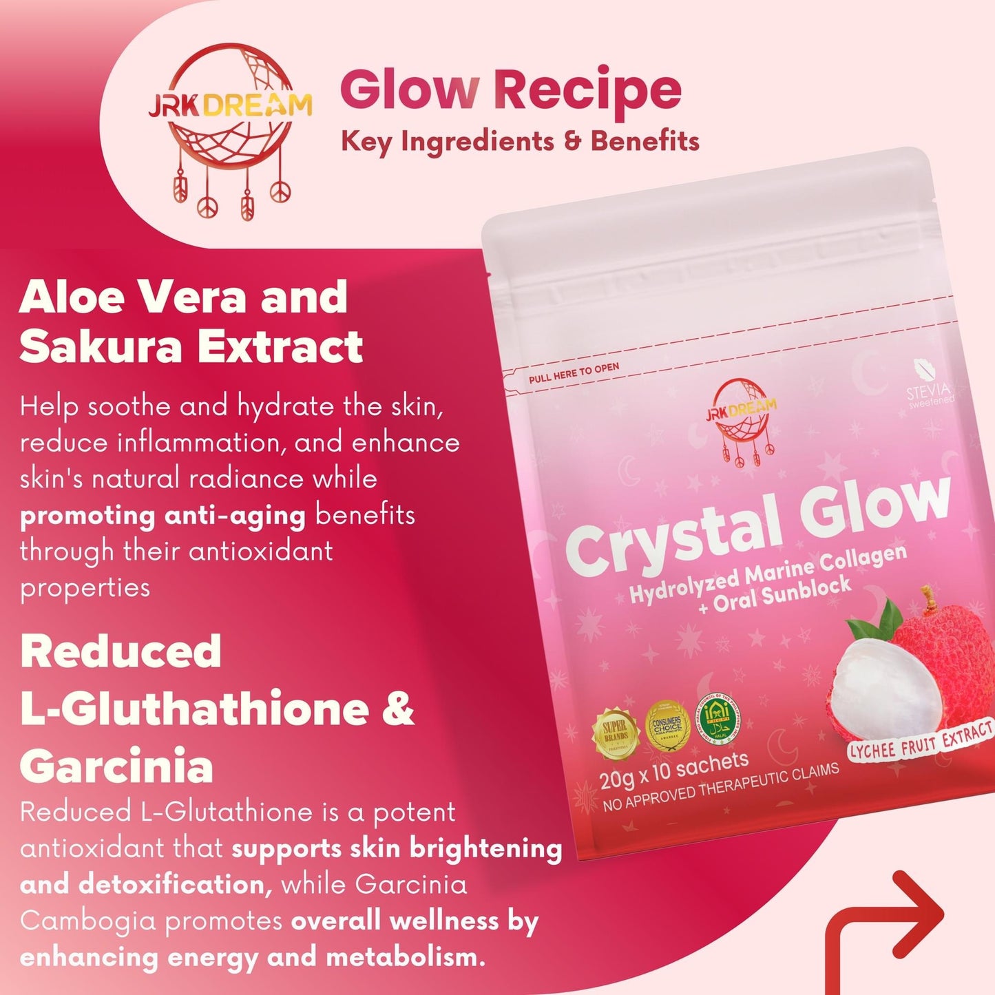 Crystal Glow Hydrolyzed Marine Collagen + Oral Sunblock Lychee Fruit Extract