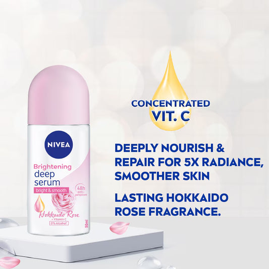 Nivea Deodorant Roll On 50ml - Brightening Deep Serum Bright and Smooth Hokkaido Rose