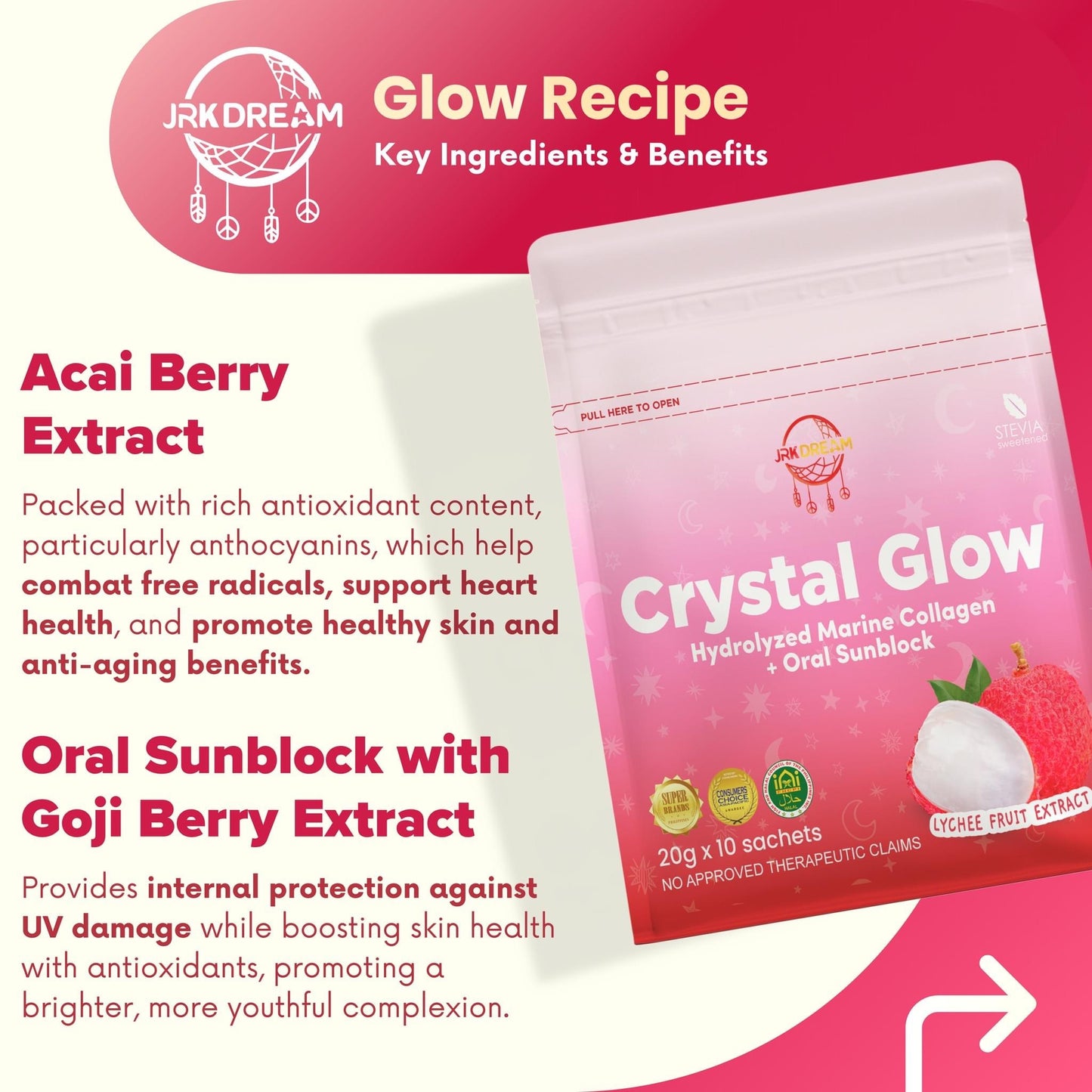 Crystal Glow Hydrolyzed Marine Collagen + Oral Sunblock Lychee Fruit Extract