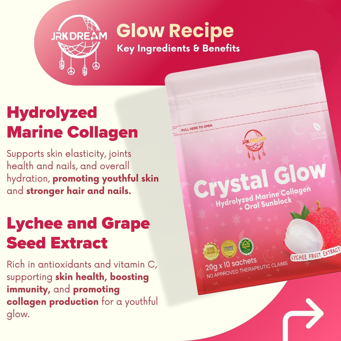 Crystal Glow Hydrolyzed Marine Collagen + Oral Sunblock Lychee Fruit Extract