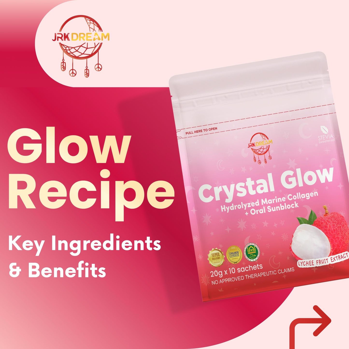 Crystal Glow Hydrolyzed Marine Collagen + Oral Sunblock Lychee Fruit Extract