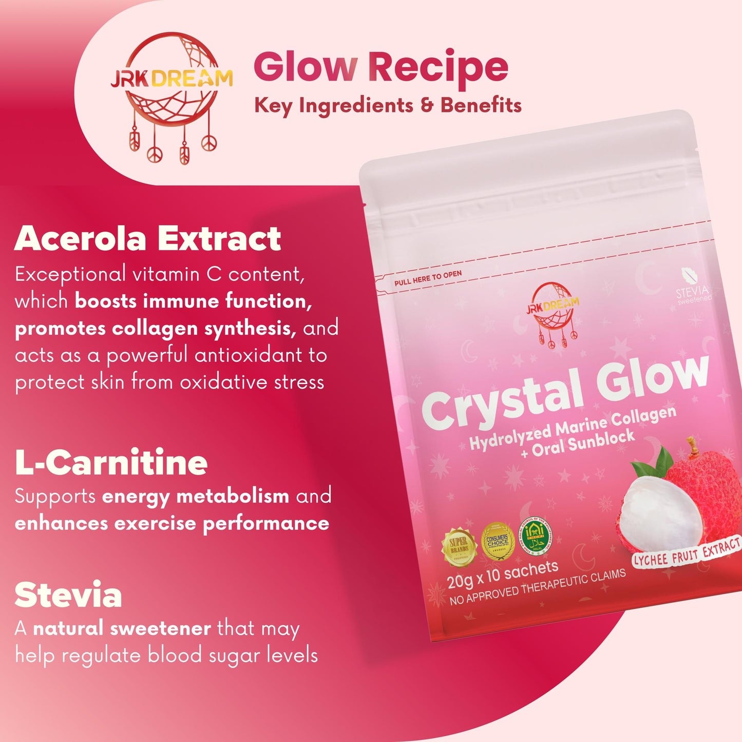 Crystal Glow Hydrolyzed Marine Collagen + Oral Sunblock Lychee Fruit Extract